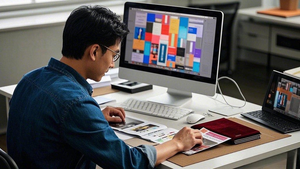 A chinese graphic designer working on a velvet-laminated brochure design,