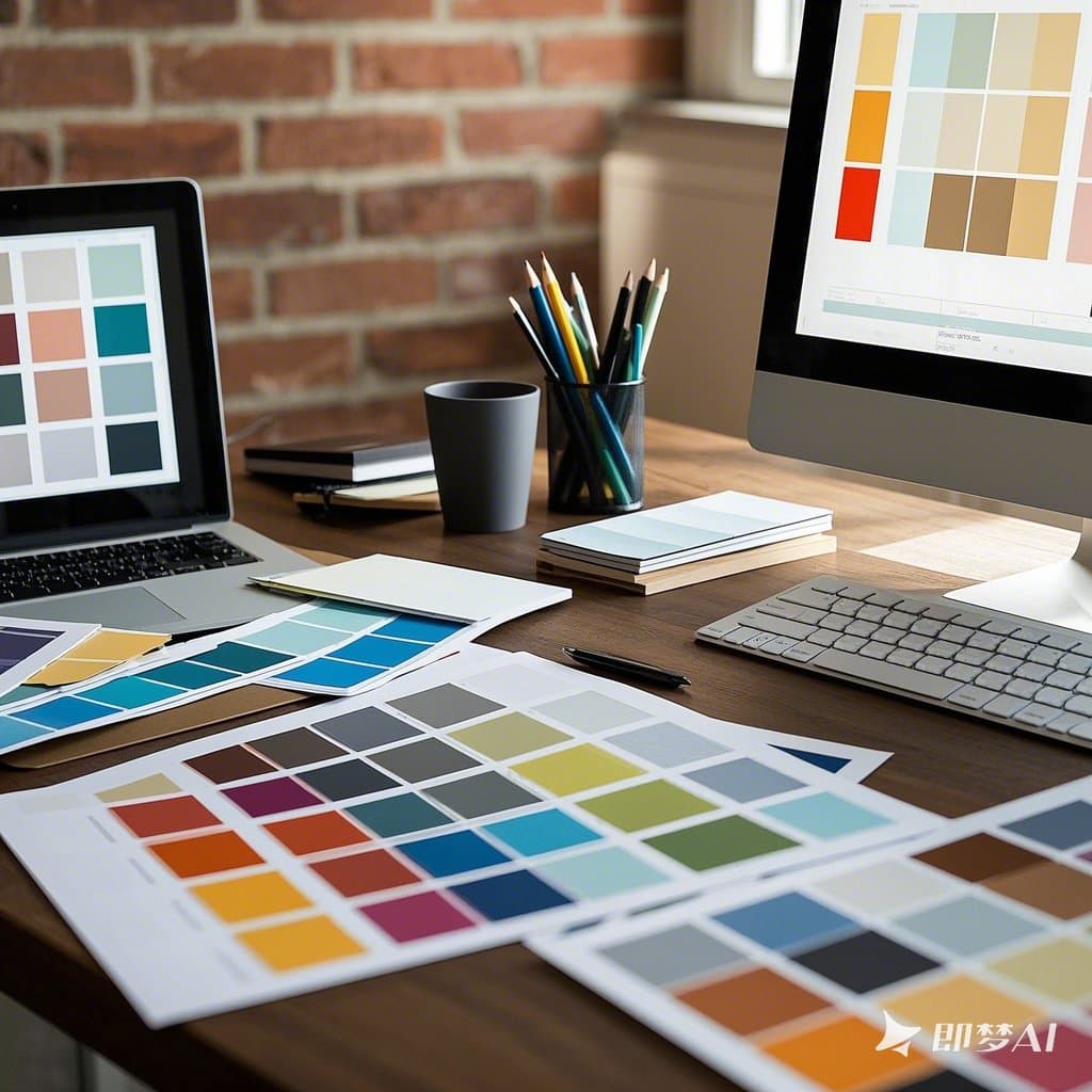 A designer's workspace featuring matte-laminated samples