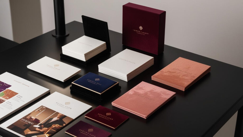 A display of velvet-laminated business cards, luxury packaging, and brochures