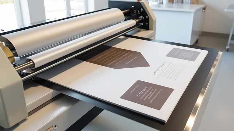 A printed brochure being laminated with a smooth matte finish,