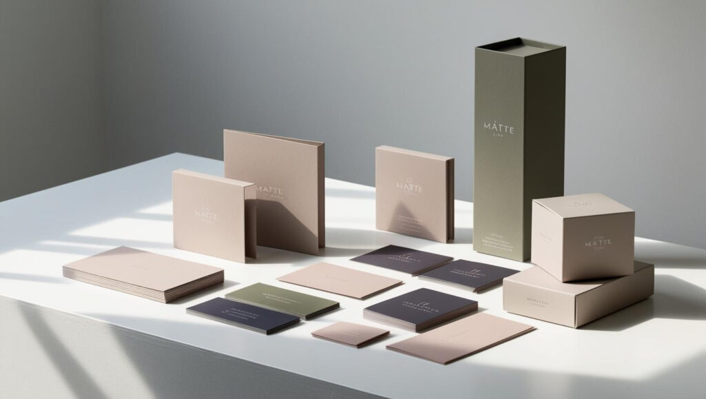 A set of matte-laminated products including business cards, brochures, and packaging boxes