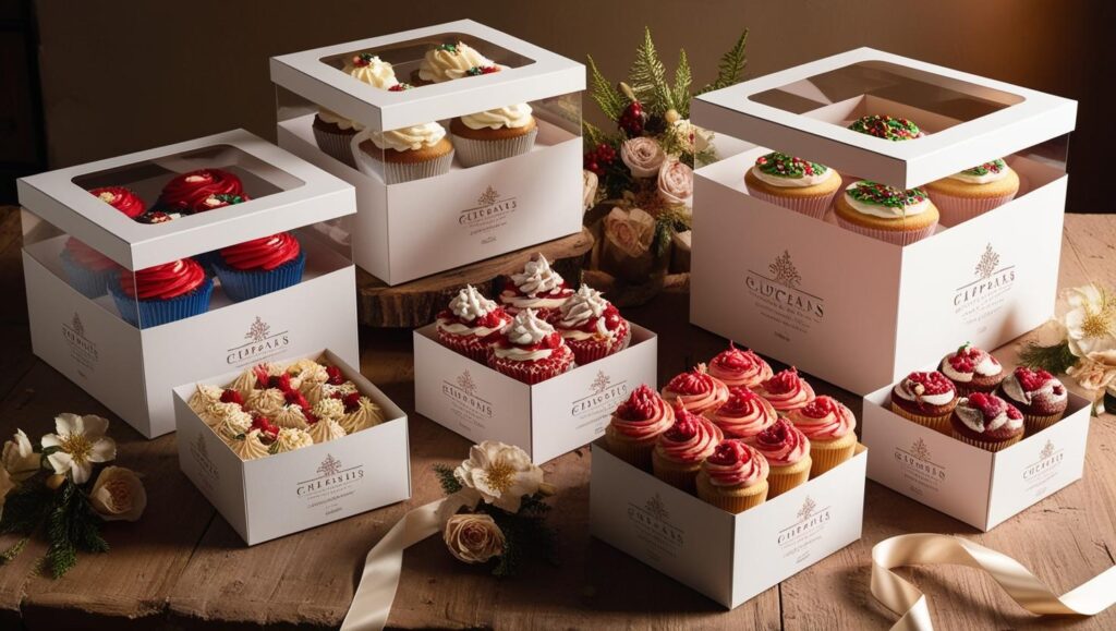 Cajas para hornear diseñadas a medida con tapas transparentes que muestran cupcakes de colores