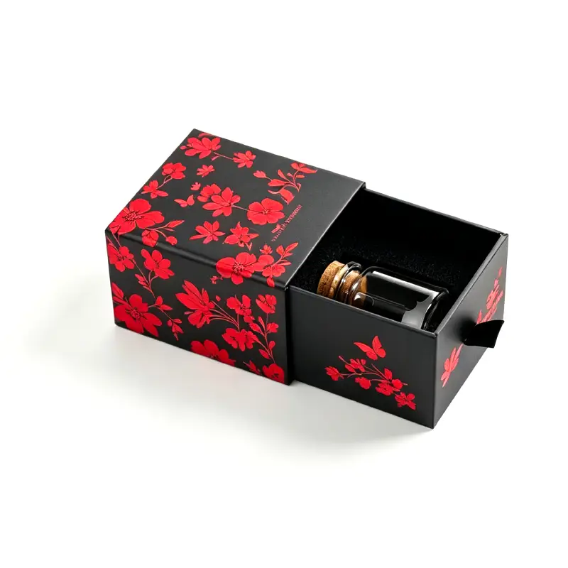 Black floral slide drawer perfume box blank glass bottle white background