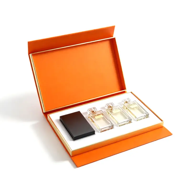 Orange rigid perfume gift set box with clear bottles