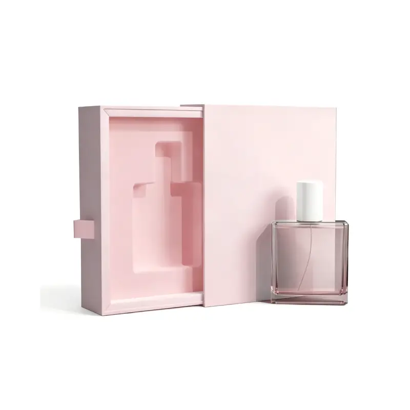 Pink drawer style rigid perfume box with custom fitted inner tray and clear square perfume bottle