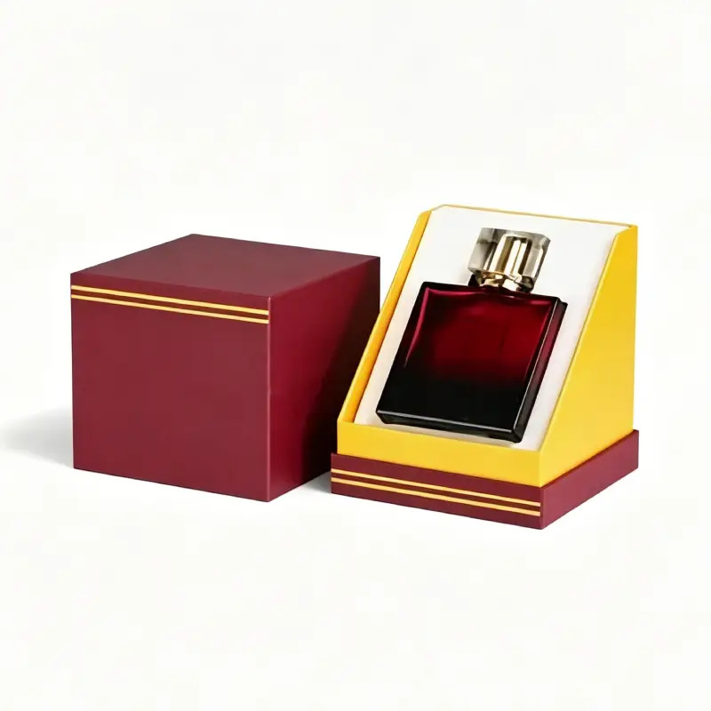 Square slant display rigid perfume box with burgundy outer cube