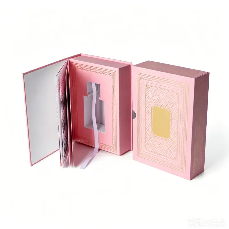 pink book shape rigid perfume box with booklet and ribbon