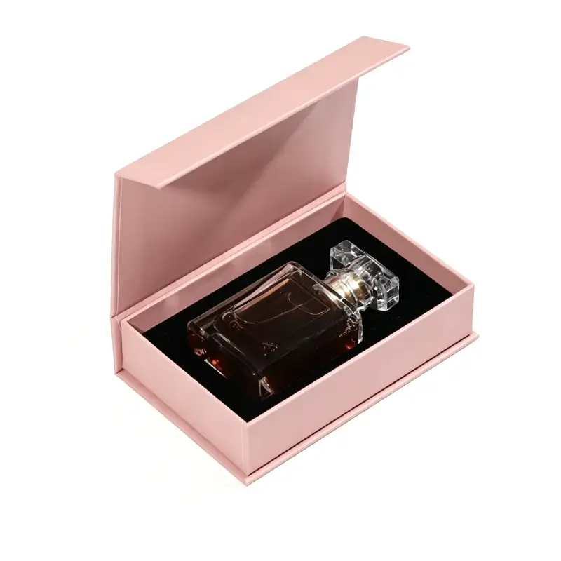 pink magnetic flip top rigid perfume box with soft black velvet insert luxury custom fragrance packaging box mockup