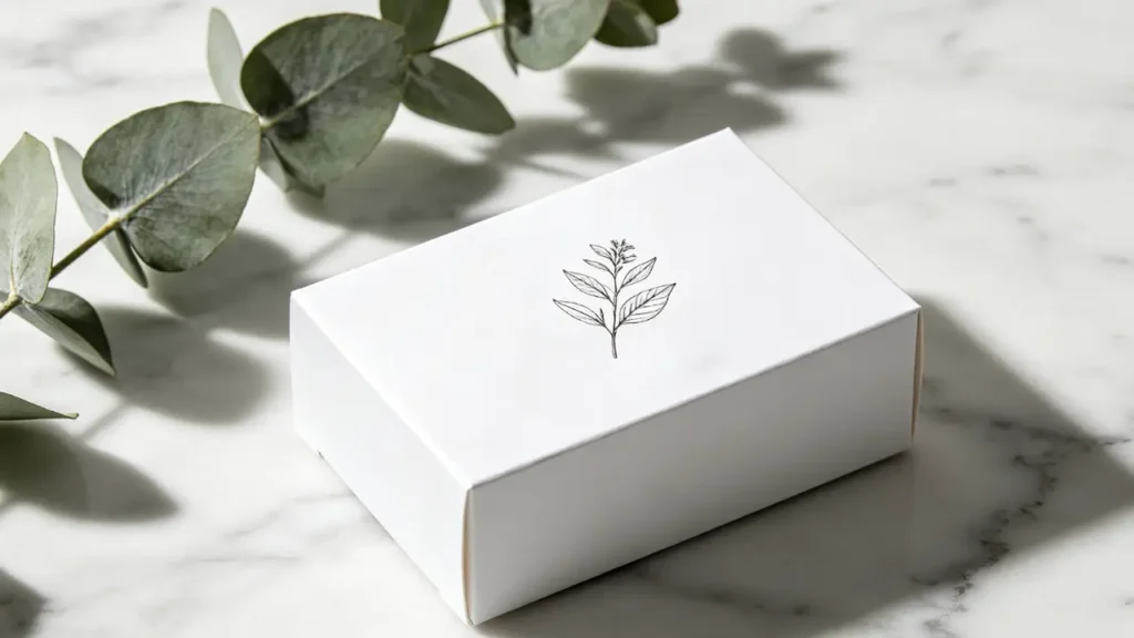 minimalist white soap box with botanical design on marble